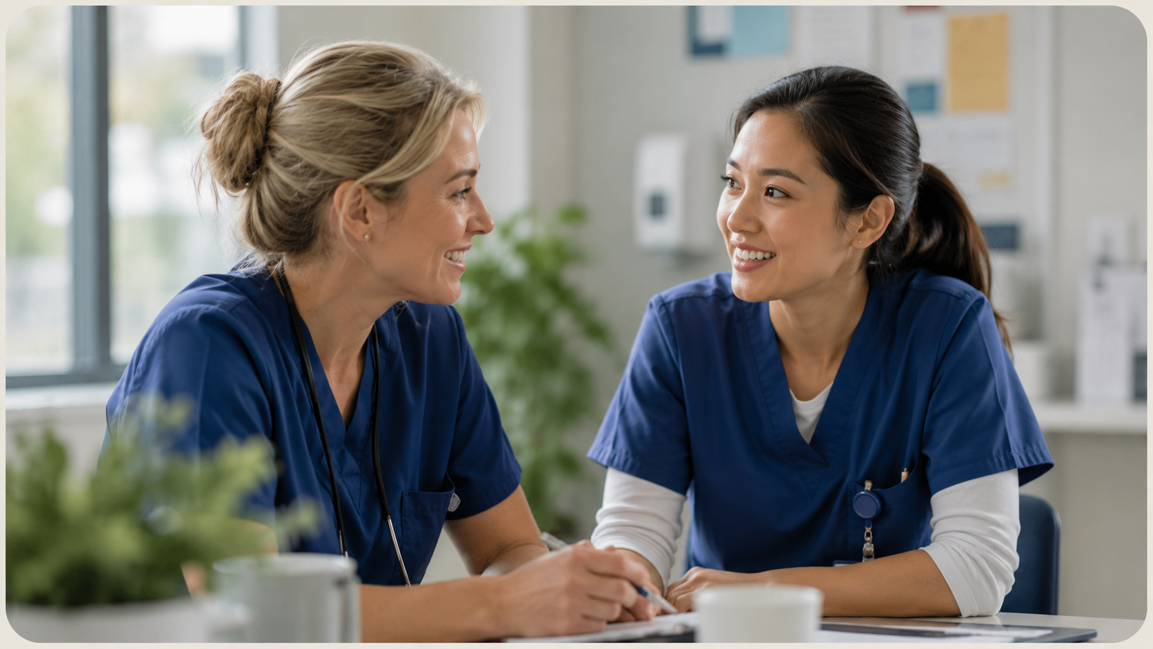 Two nurses in conversation — a moment of connection